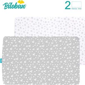 Biloban 2 Pack 100% Cotton Jersey Baby Crib Fitted Sheet Gray/White Hearts/Stars